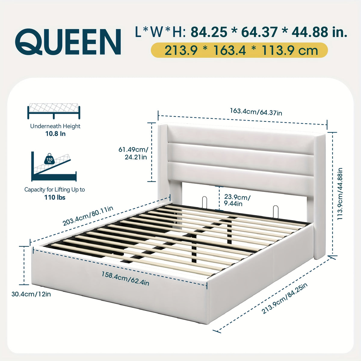 WEEWAY Lift Up Storage Bed, Modern Wingback Upholstered Headboard, Hydraulic Platform Bed, Wooden Slats Support, Heavy Duty Mattress Foundation, No Box Spring Needed, Easy Assembly, Full/Queen/King Size, for House Bedroom Furniture, Free Shipping