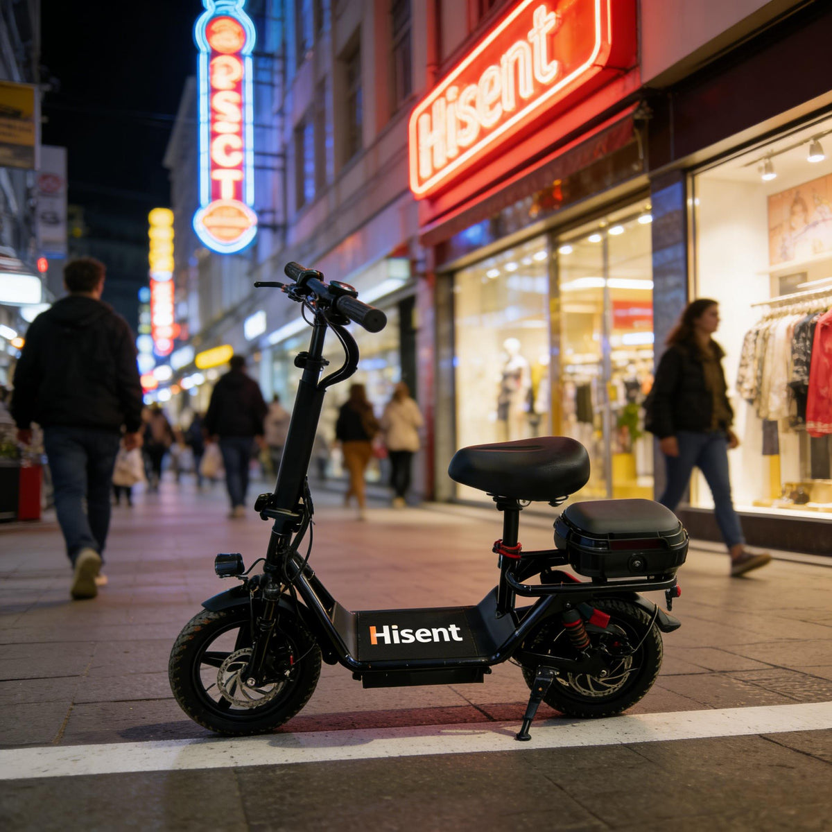 Hisent Folding Electric Scooter, 500W Brushless Motor, Speed 19.9mph, Dual Suspension System, Full Shock Absorption, 48V 10AH-17.5AH Battery(optional), 15-35 Miles Range, 14-inch High-quality Tires, With Double Seats