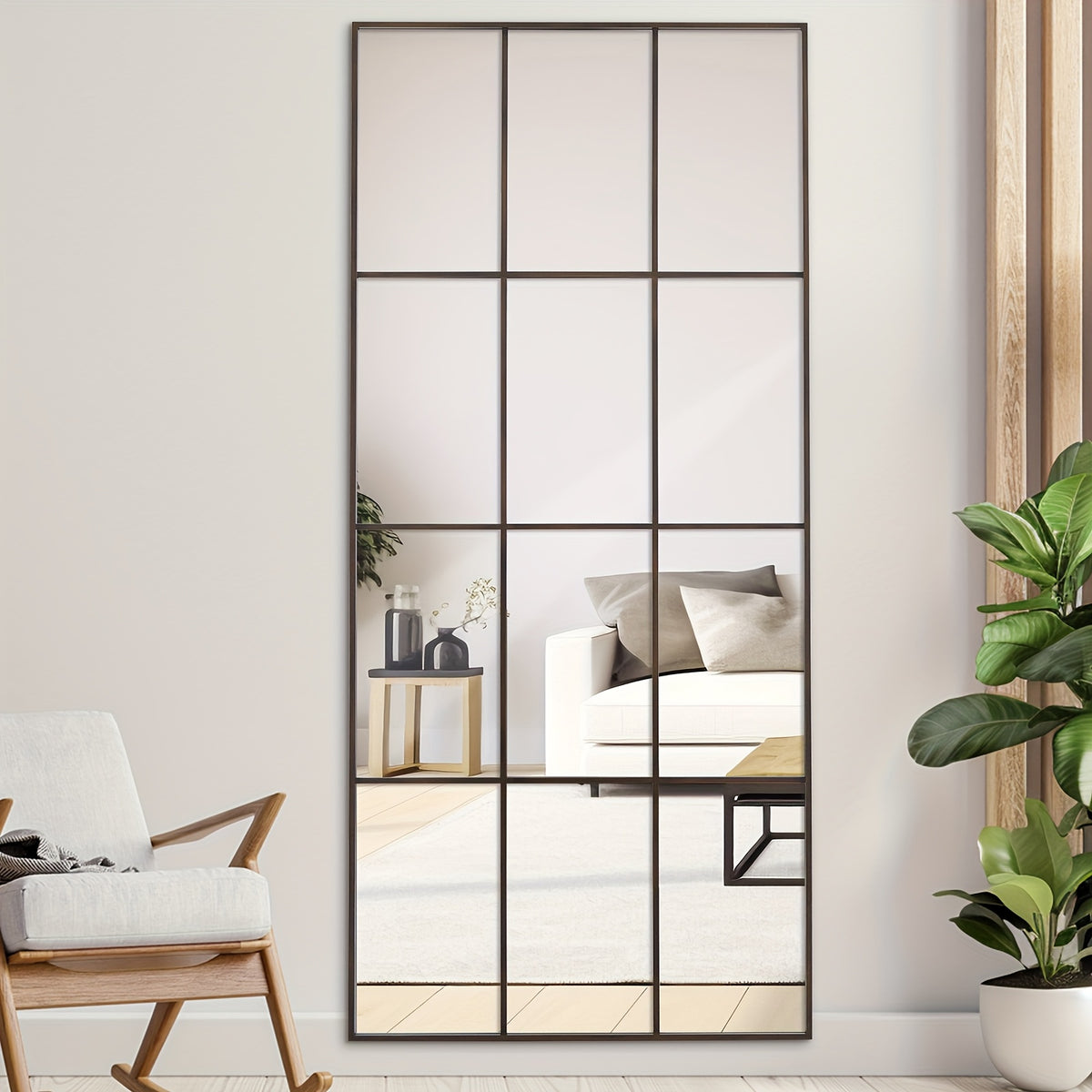Windowpane Floor Mirror, Oversized Black Rectangular Grid Design for Bedroom, Living Room, or Entryway Decor
