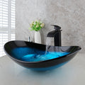 Contemporary Oval Bathroom Sink - Tempered Glass, Black & Blue with Waterfall Faucet and Pop-Up Drain, Durable Countertop Basin