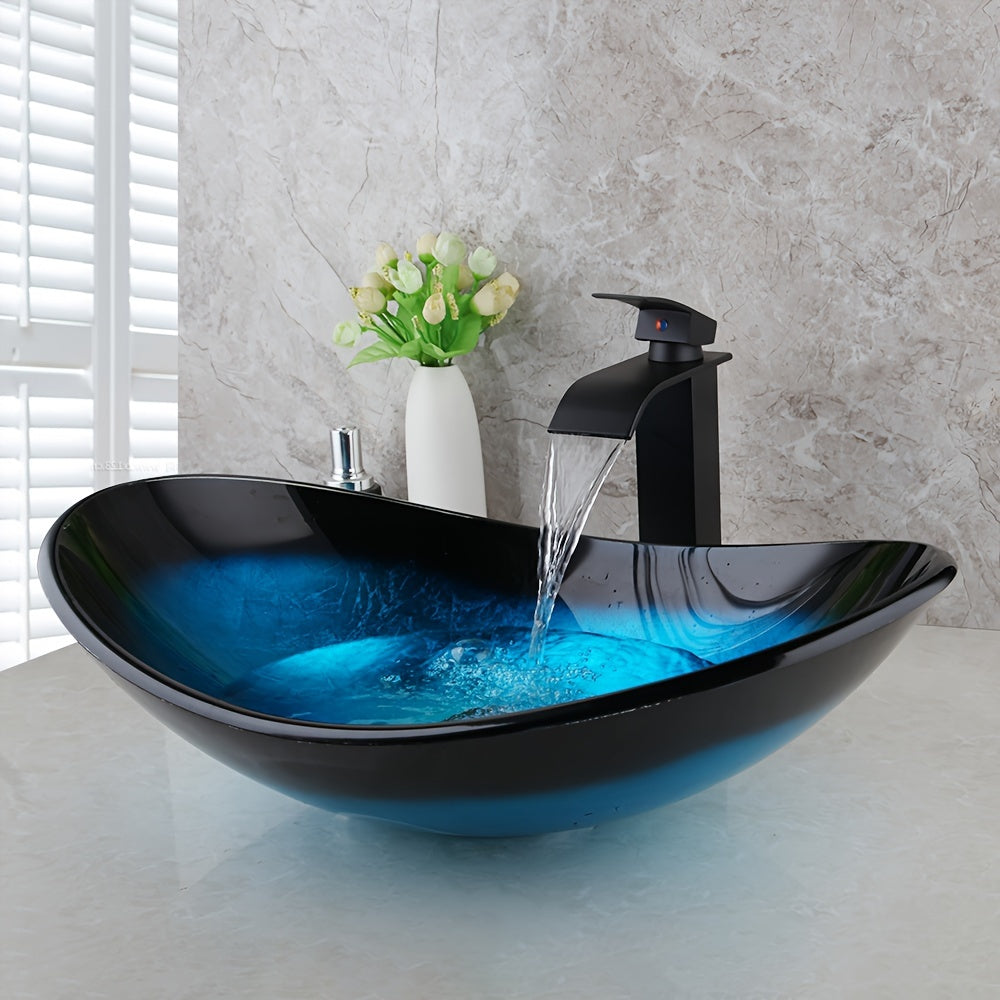 Contemporary Oval Bathroom Sink - Tempered Glass, Black & Blue with Waterfall Faucet and Pop-Up Drain, Durable Countertop Basin