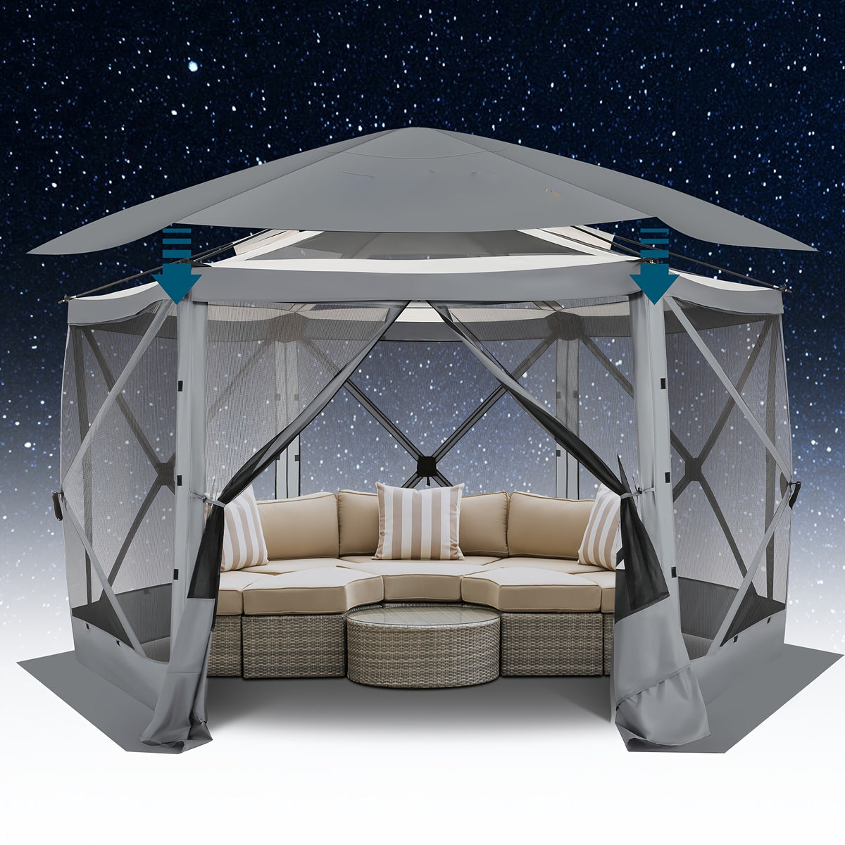 12×12/15×15ft Pop Up Party Tent, Foldable Canopy, Gazebo Outdoor, With Mosquito Netting Sidewalls, With Portable Bag, Stakes And Rope, Easy To Set Up, Suitable For Outdoors, Lawn, Terrace, Barbecue, Party, Courtyard, Garden, Beach