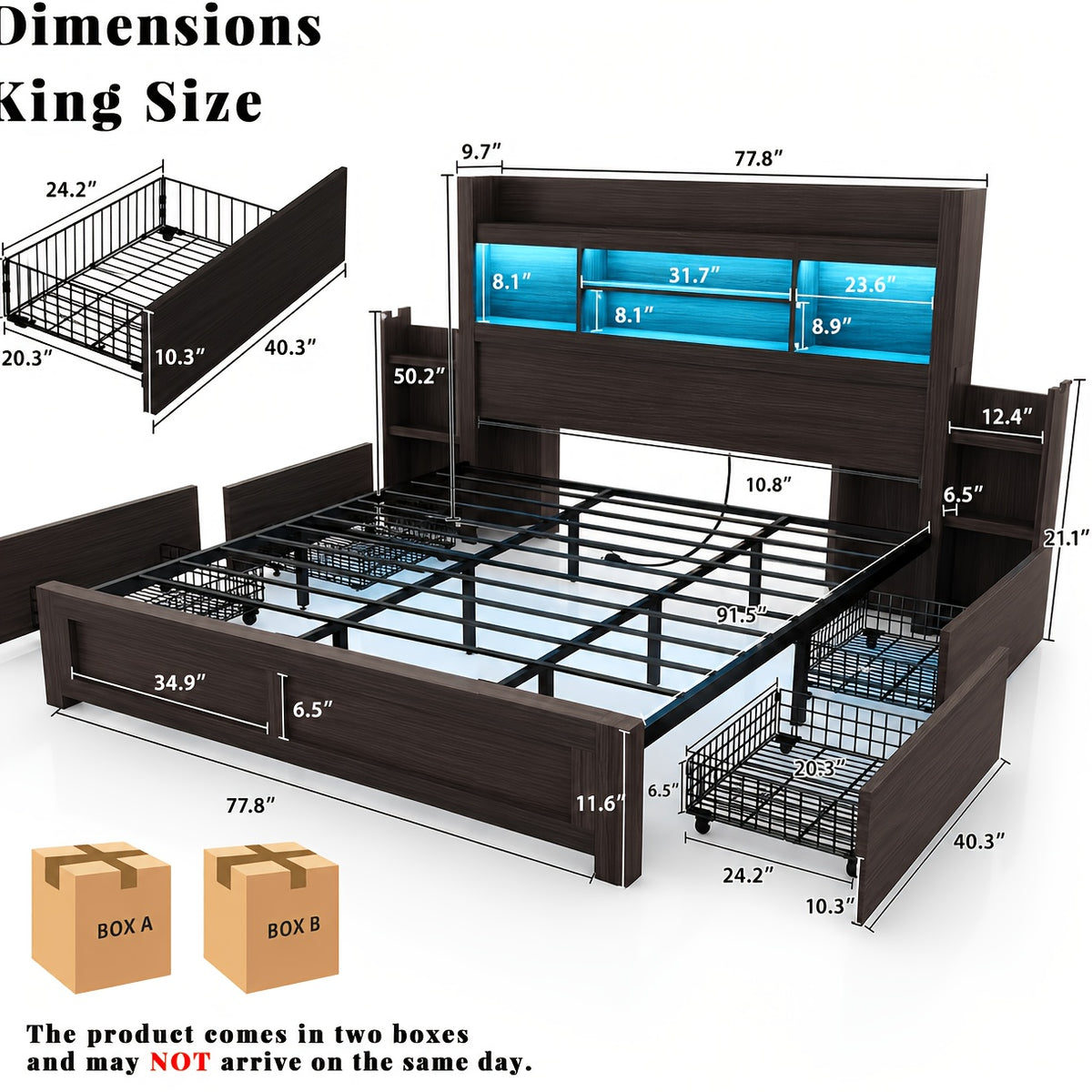 Farmhouse Wooden Bed Frame with 4 Storage Drawers, LED Bed Frame with 49" Tall Bookcase Headboard, Wood Platform Bed with Charging Station And 2 Slide Bedside Shelves