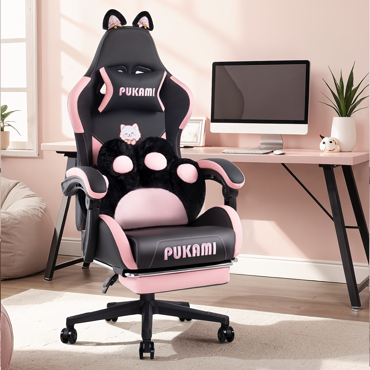Adorable Pink Gaming Chair Featuring Cat Ears And a Paw-Shaped Lumbar Cushion, Designed Ergonomically For, Complete with a Footrest And Headrest, Providing a Cozy Reclining Experience for Both Adults And Teens