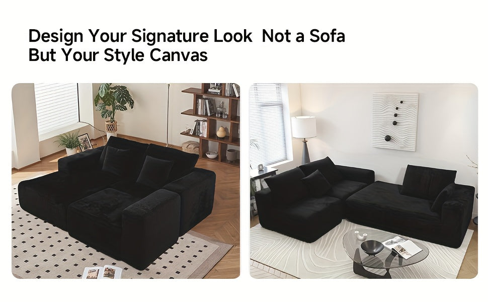 108-inch Modular Sectional Sofa, L-Shaped Cloud Couch with Chaise, Black Plush Fabric, Deep Seat Upholstered Couches for Living Room, Boneless Sofa
