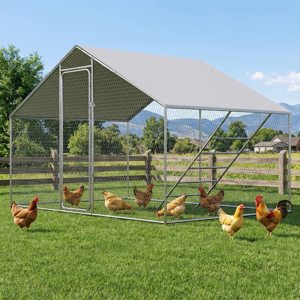Large Metal Chicken Coop, 10X6.5X6.5Ft Chicken Runs for Yard with Cover, Walk-In Chicken Coop with Roosting Perch And Door
