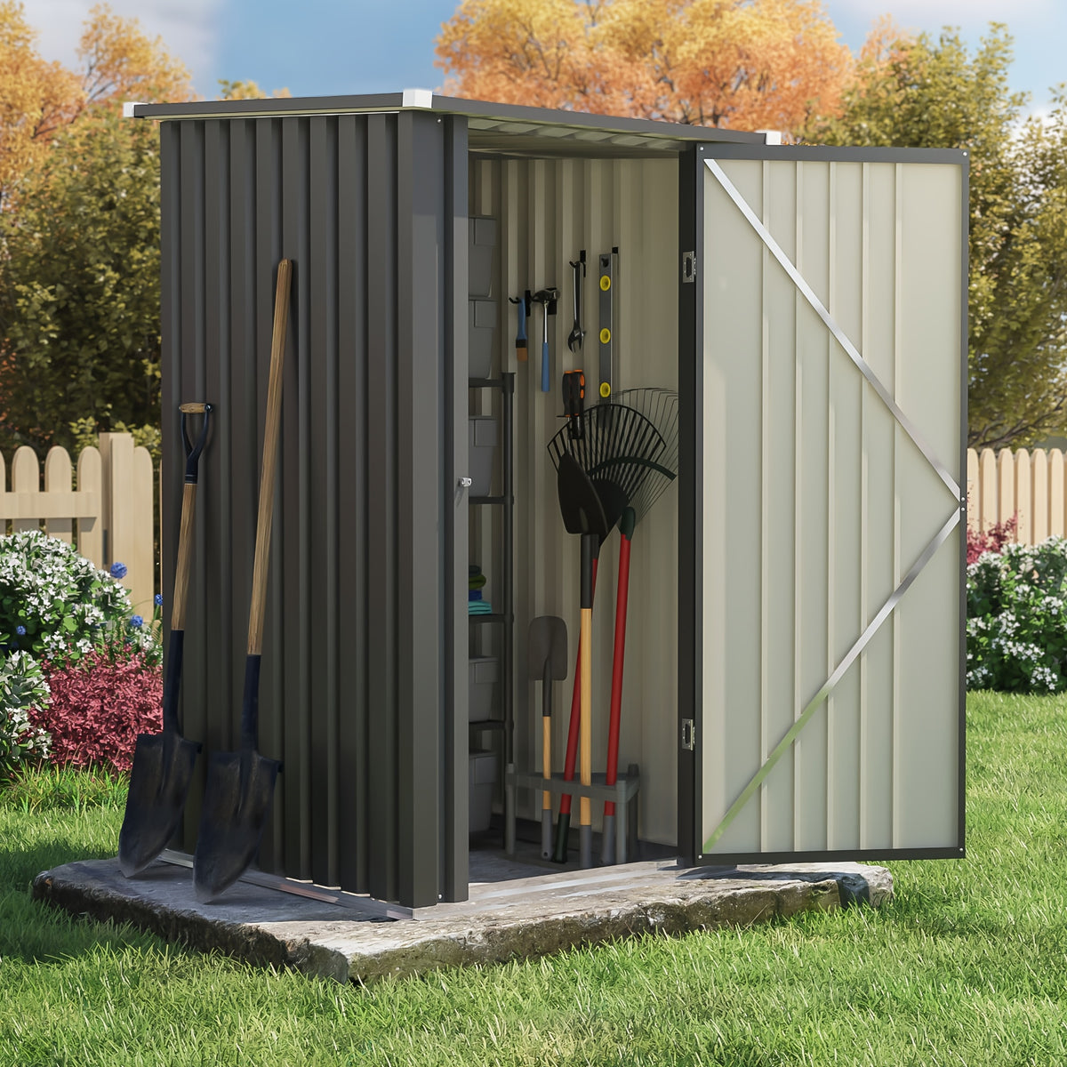 GUNJI 3X3ft Garden Shed Outdoor Storage Shed Metal Shed with Lockable Doors & Slooping Roof Tool Shed Bike Shed for Backyard, Patio, Poolside