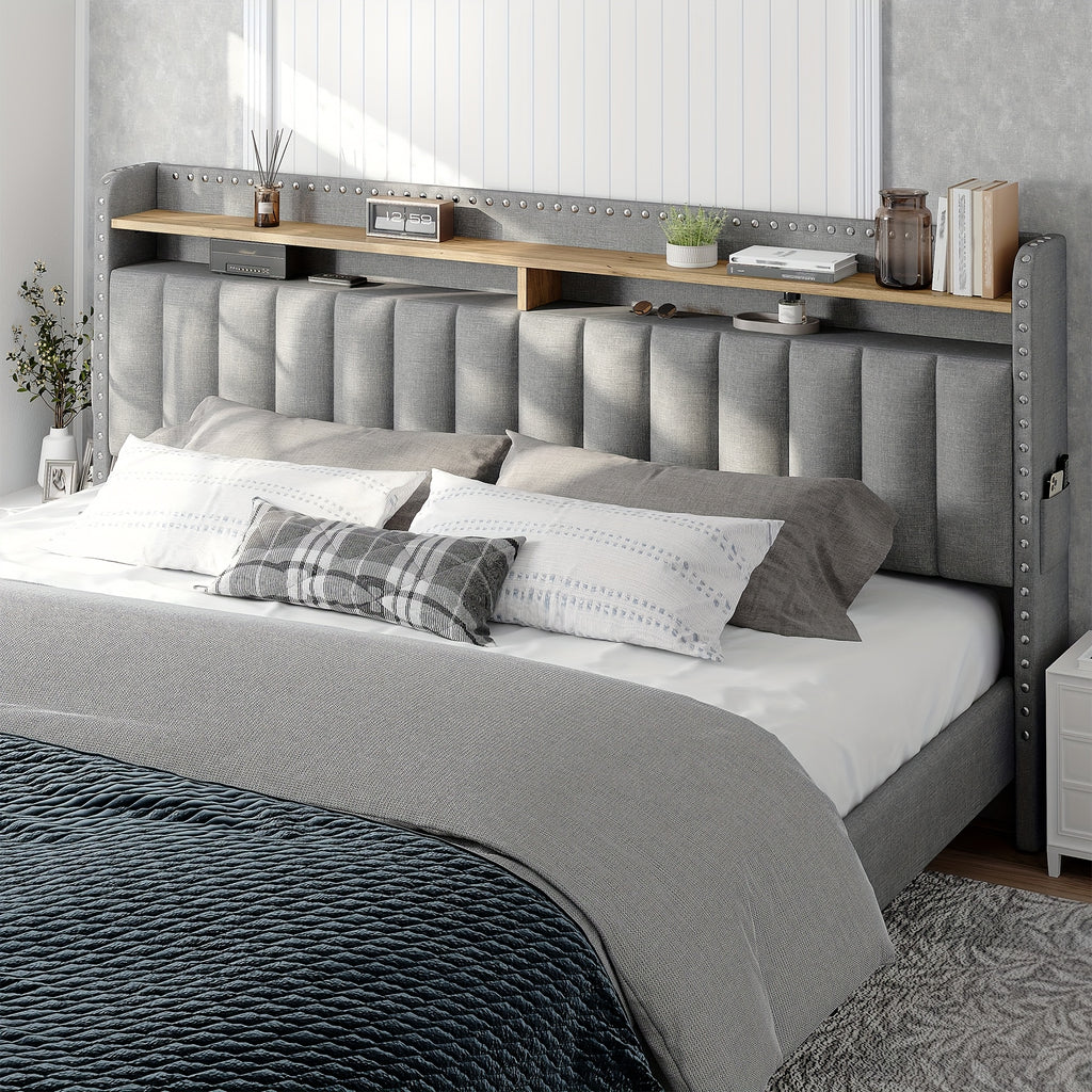 King Size Upholstered Bed Frame with Storage, 2-Tier Headboard And 2 Drawers, Sturdy Wood Slats, No Box Spring Needed, Noise-Free, Modern Grey/Beige, Easy Assembly, Space Saving
