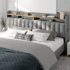 King Size Upholstered Bed Frame with Storage, 2-Tier Headboard And 2 Drawers, Sturdy Wood Slats, No Box Spring Needed, Noise-Free, Modern Grey/Beige, Easy Assembly, Space Saving