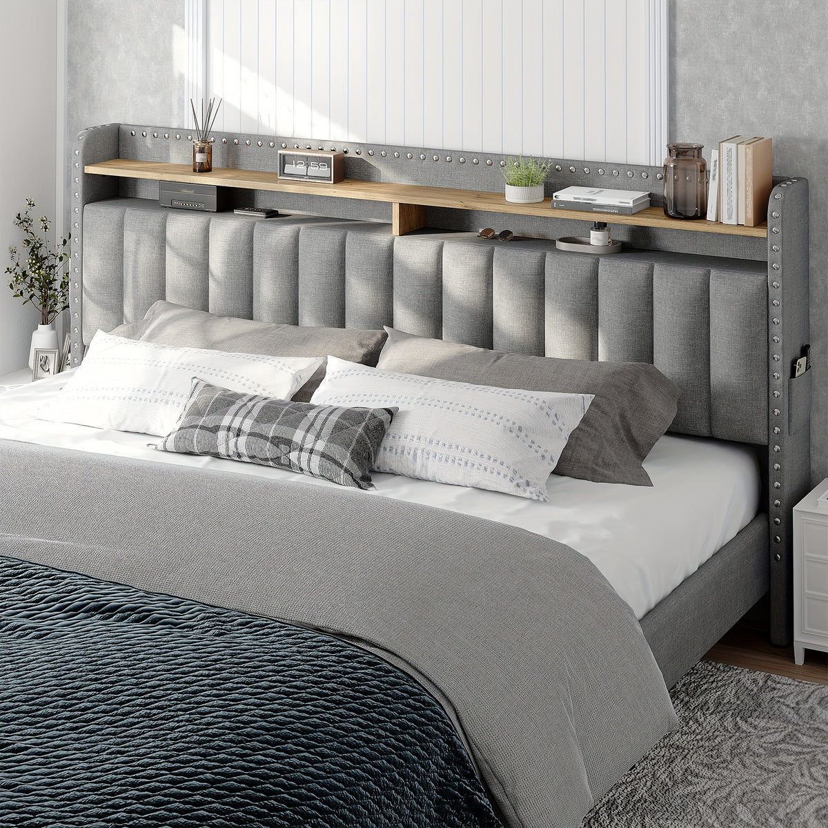 King Size Upholstered Bed Frame with Storage, 2-Tier Headboard And 2 Drawers, Sturdy Wood Slats, No Box Spring Needed, Noise-Free, Modern Grey/Beige, Easy Assembly, Space Saving