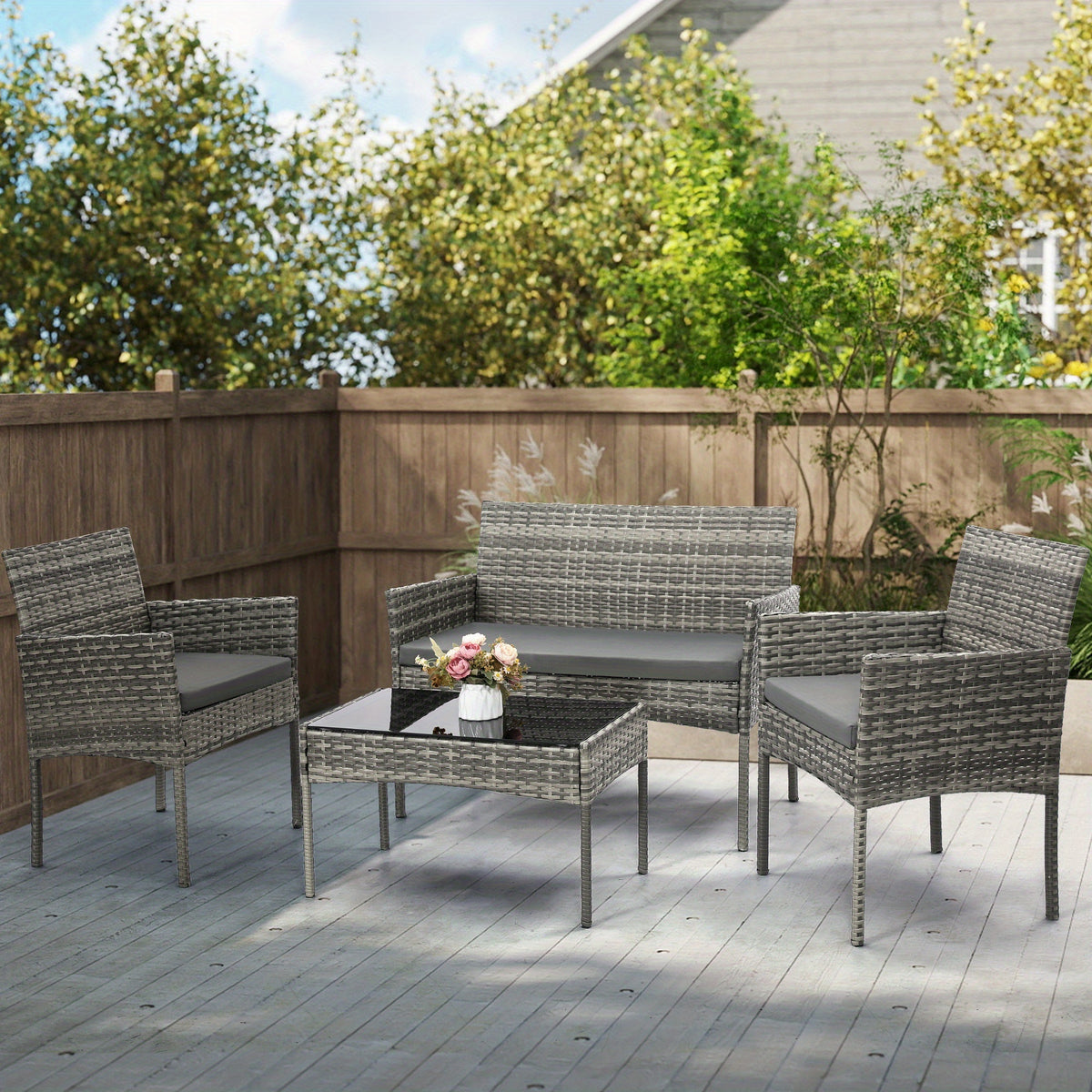 KROFEM 4pcs Wicker Bistro Furniture Set, Includes 2 Chairs with Water Resistant Cushions, Coffee Table, And Comfy Loveseat, Perfect for Any Outdoor Gathering