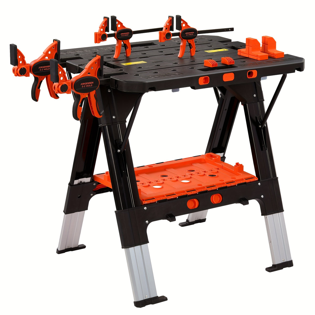 Portable Folding Work Table Pony, 2-in-1 as Sawhorse & Workbench, Load Capacity 1000 lbs-Sawhorse & 500 lbs-Workbench, 31" W×25" D×25"-32"H, with 4pcs Clamps, 4pcs Bench Dogs, 2pcs Safety Straps