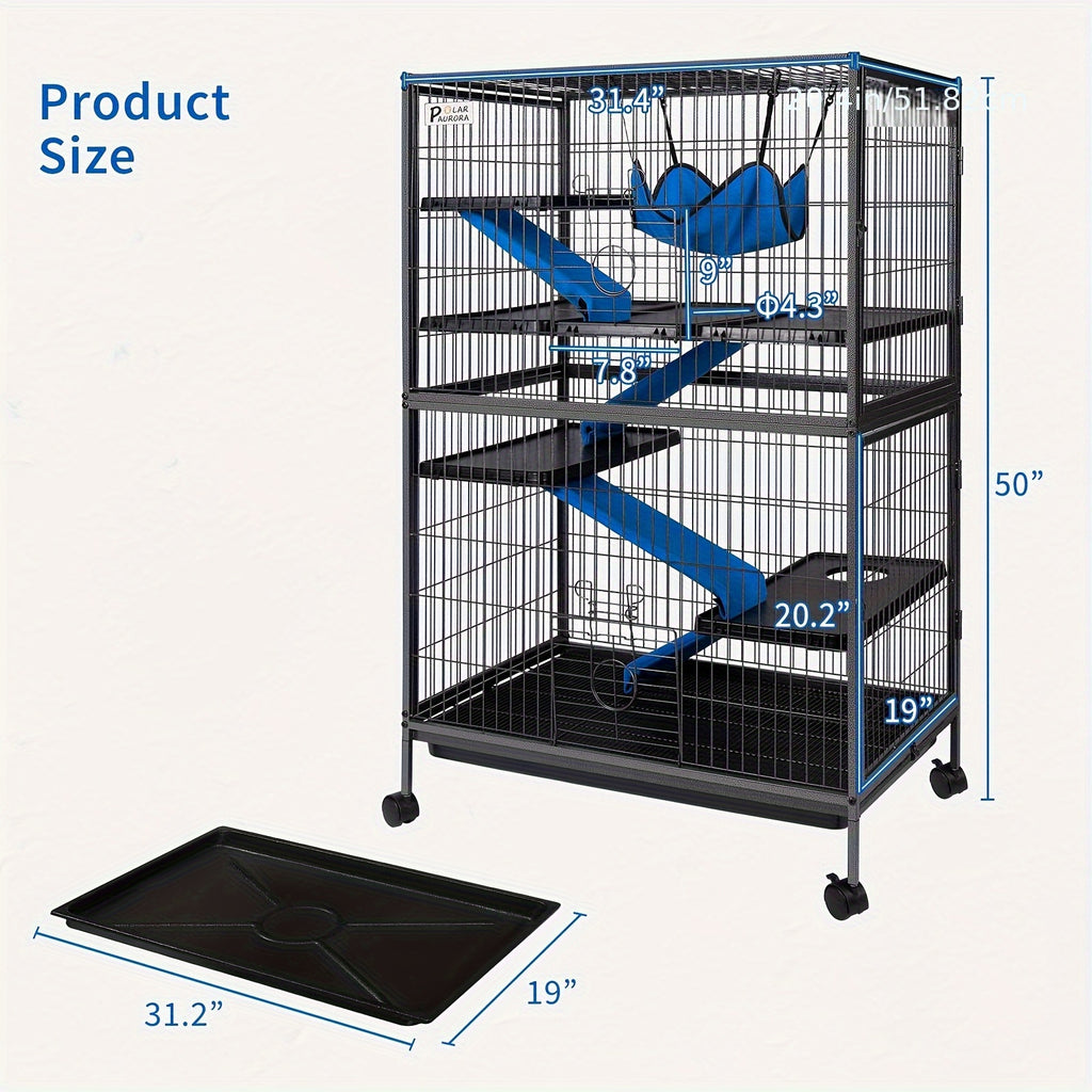 [5-Tier Metal Cage] Metal Small Animal Cage 5 Tiers Homes for Pets Removable Ferret Cage with Lockable Wheels, 50" H Deluxe Chinchilla Cage with Hammock and Removable Tray