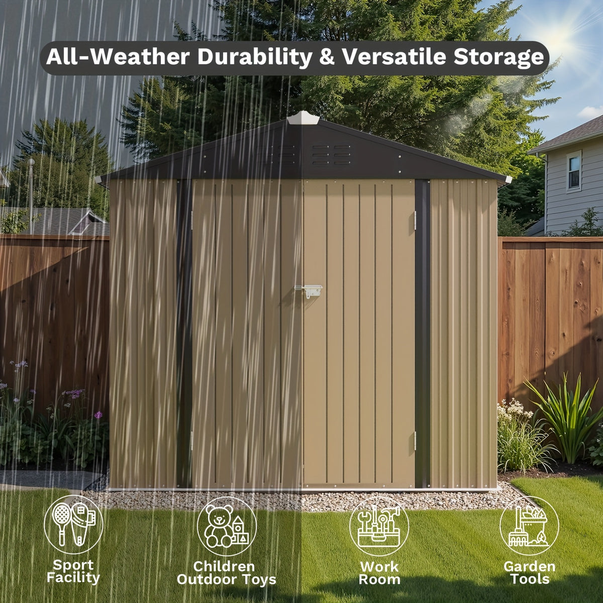 GUNJI 8X6 FT Outdoor Steel Storage Shed with Lockable Doors, Compact Small Bike Shed, Ideal for Garden, Backyard, Swimming Pool, Patio Utility And Tool Storage
