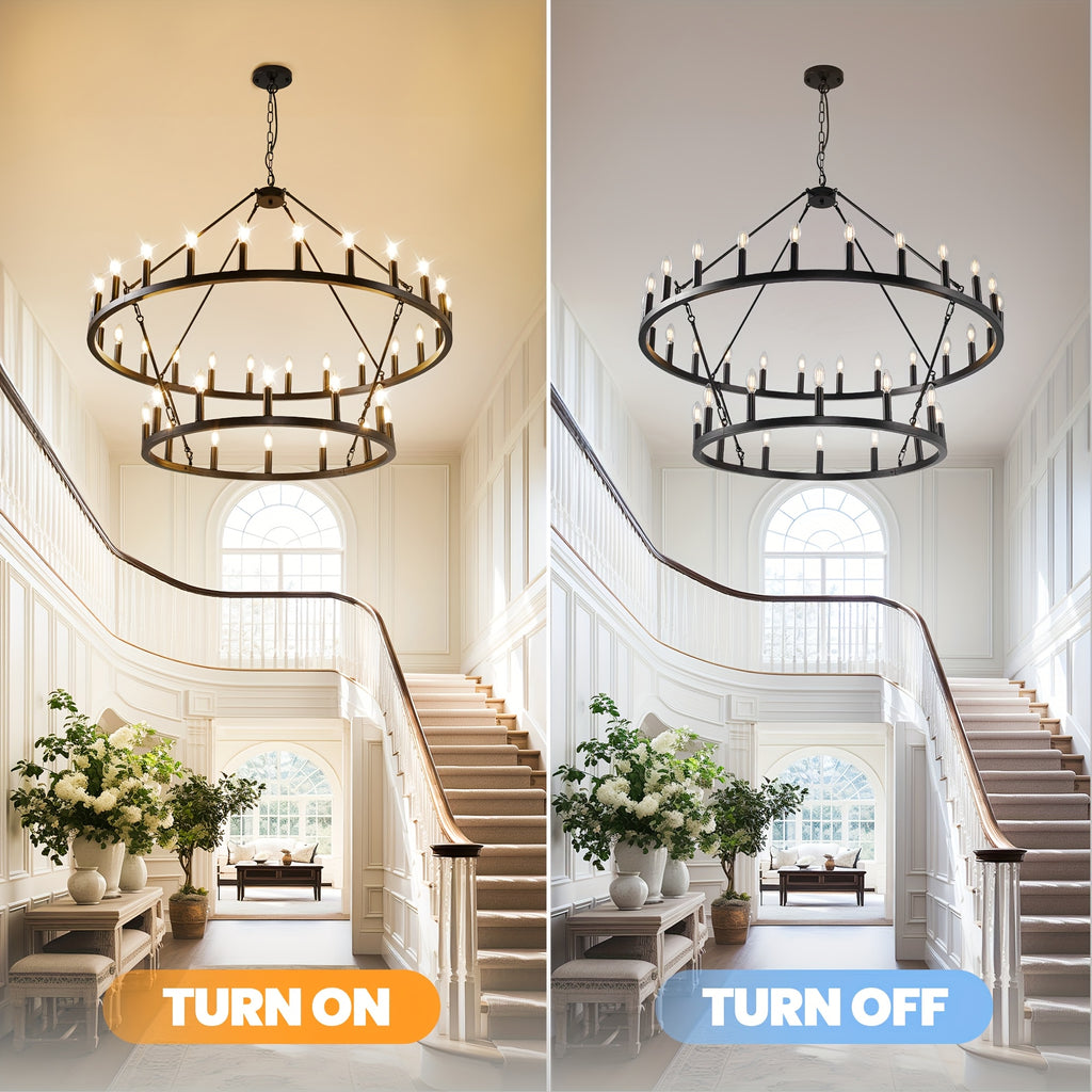 [Modern Farmhouse Chandelier] Modern Farmhouse Chandelier 2 Tier Round Wheel Chandelier Large High Ceiling Light