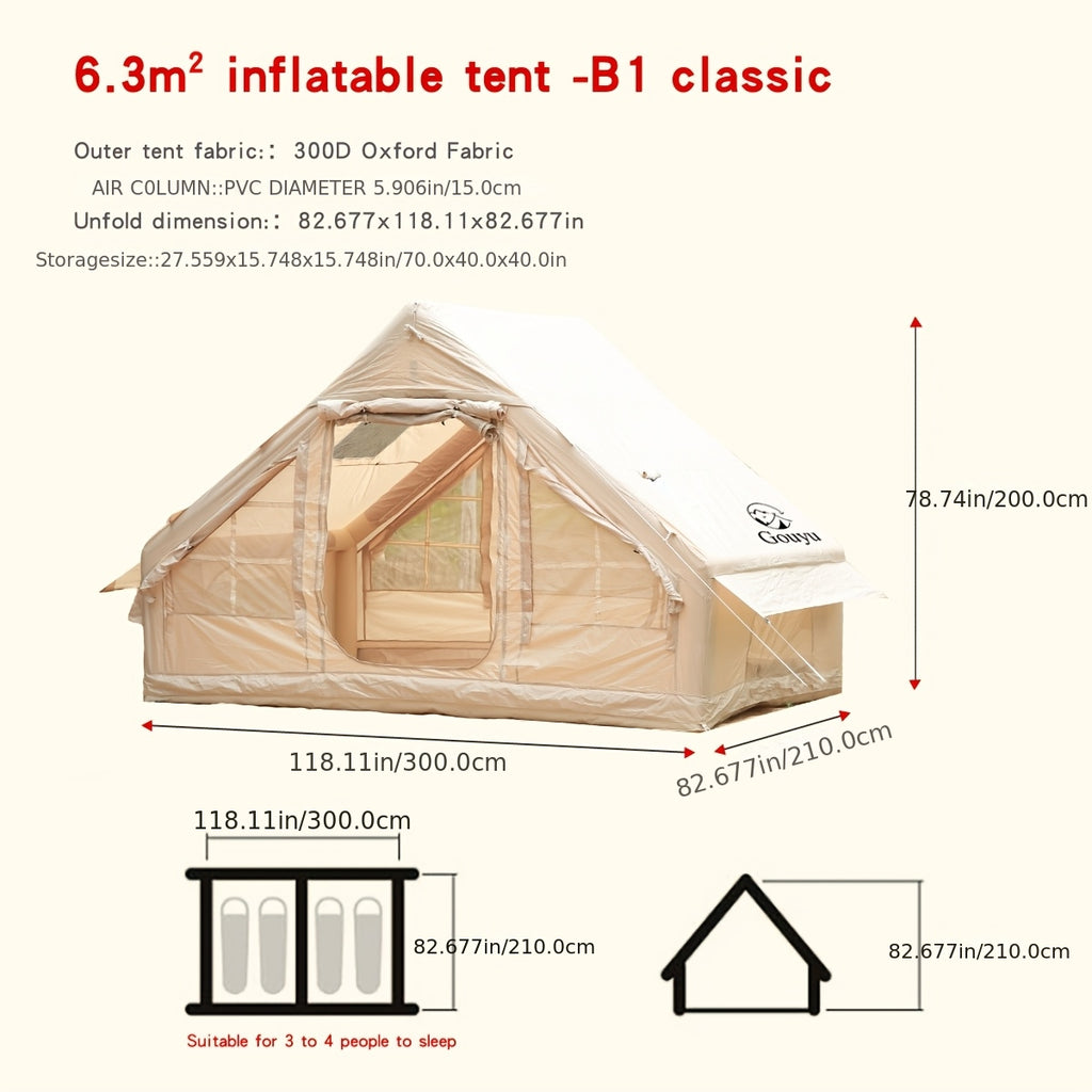 6.3/12 Square Meter Luxury Inflatable Tent, 4-6/8-10 Person All-Season Tent, Easy to Set Up