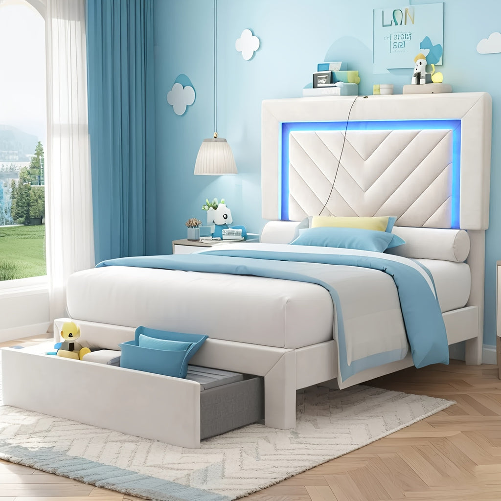 Platform Bed Frame with LED Adjustable Headboard, Upholstered Bed Frame with Storage Drawers And Charging Station, Twin, Full, Queen, No Box Spring Needed, Noise Free