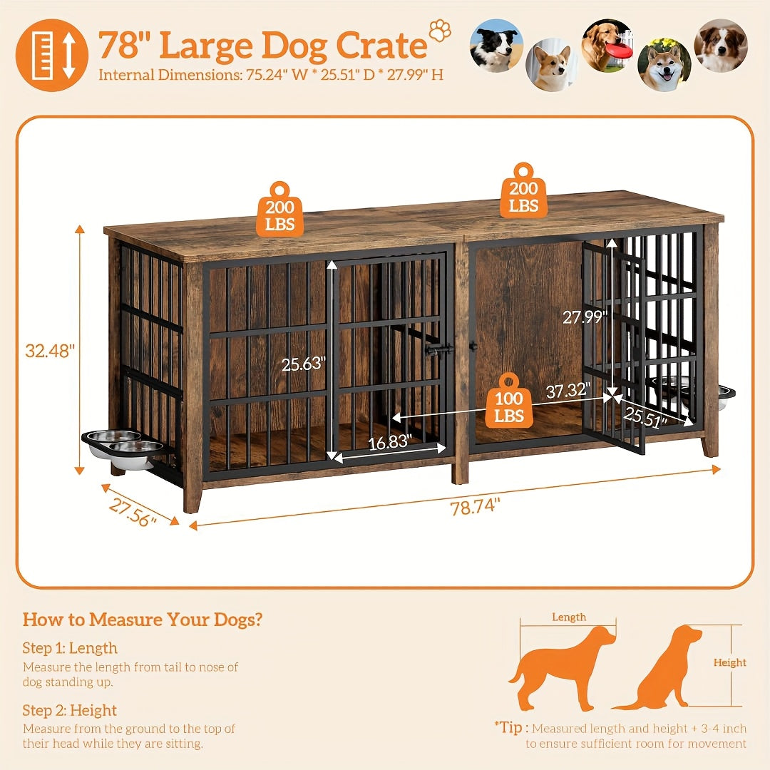 75/36/30in Furniture-Style Dog Crate with 360° Rotating Bowls, Adjustable Height, Safe Lock, Easy to Clean, Available In Gray/Brown, M, L, XL Sizes for One Or Two Dogs, Ideal for Home, Living Room Or Bedroom