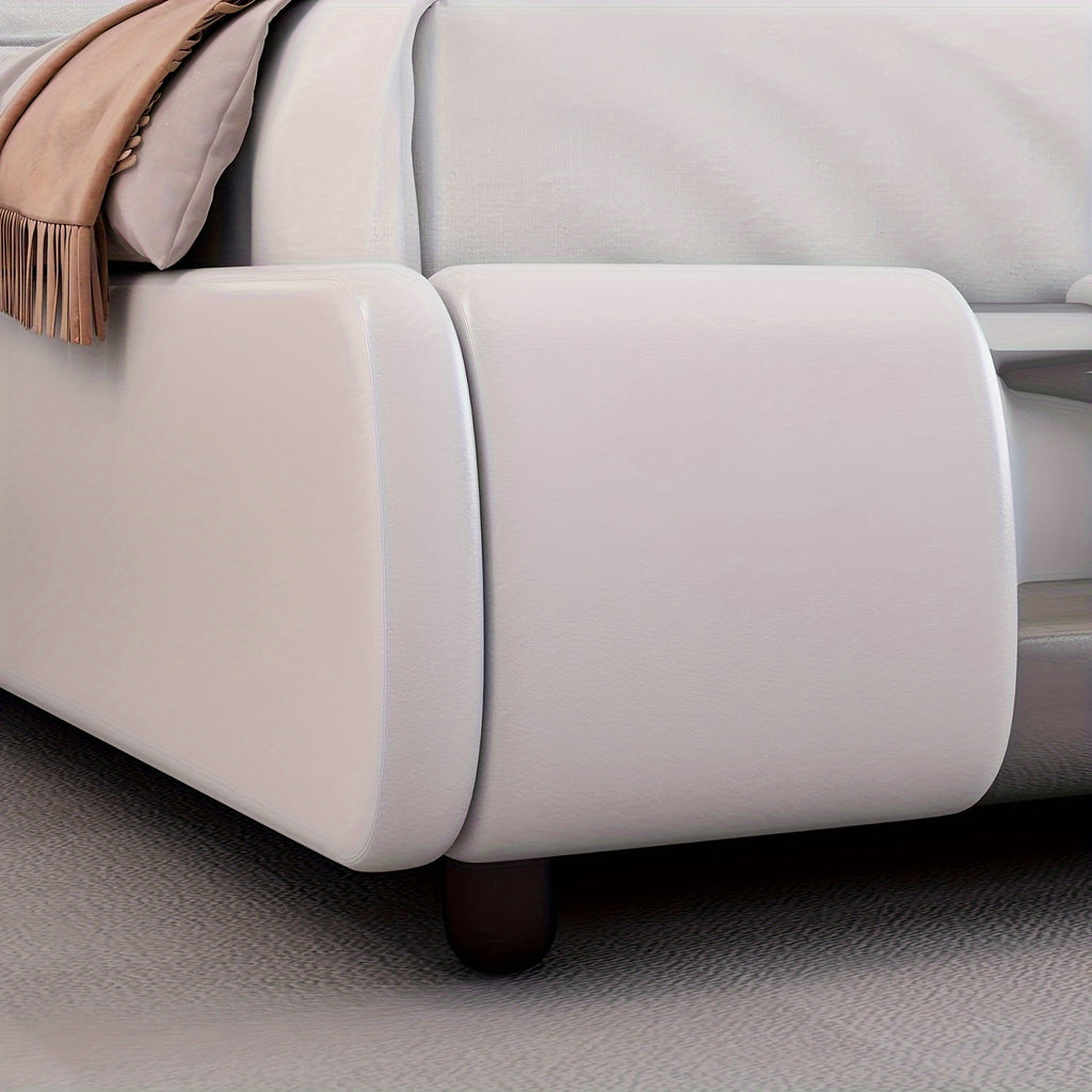 Contemporary Platform Bed Frame Made of Faux Leather, Featuring Iron Metal Accents, an Adjustable Headboard, And Wooden Slats for Support, Eliminating The Need for a Box Spring