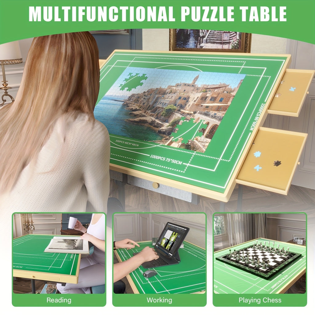 Puzzle Table with Legs, Adjustable 5-Tilting-Angle Board with 6 Drawers & Cover, 35"x 26" Wooden Puzzle Board with 4 Wheels for Adults