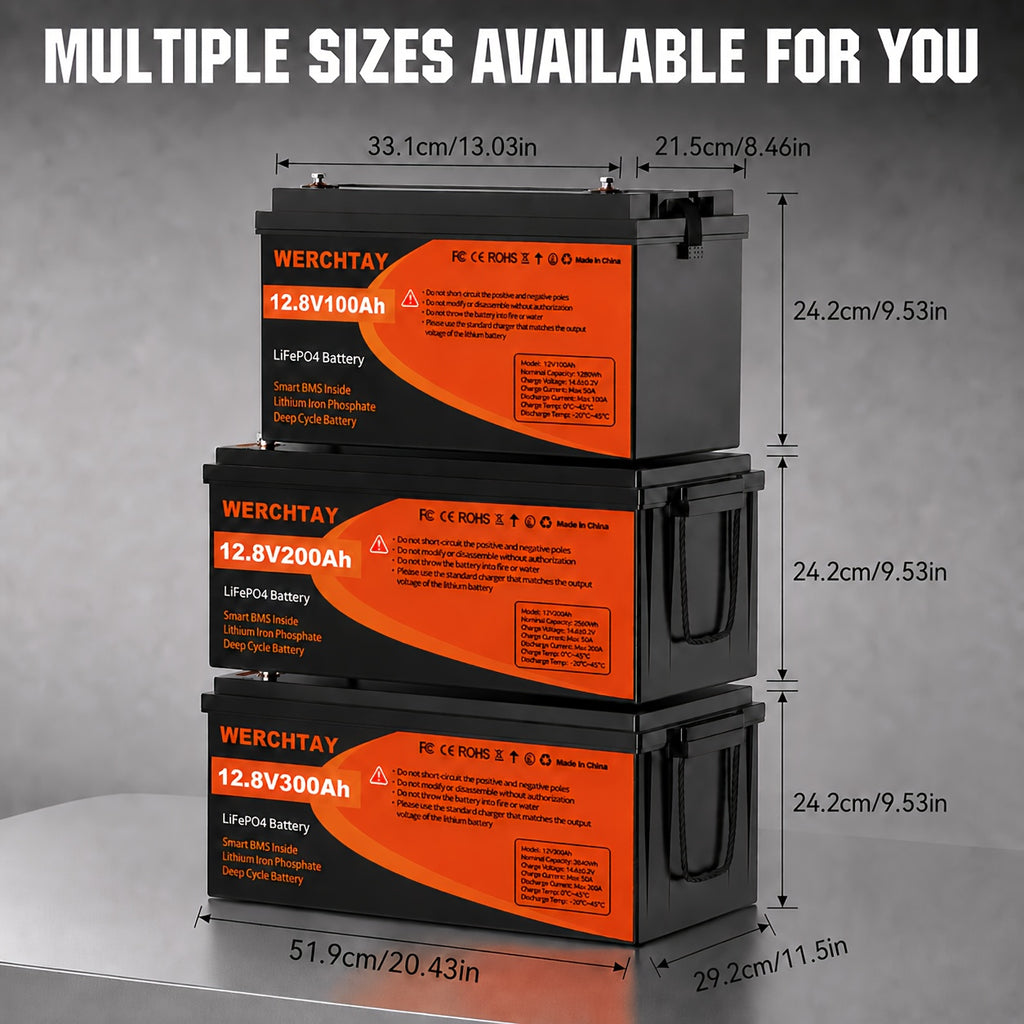 [Intelligent BMS Protection] WERCHTAY 12.8V LiFePO4 Battery 300/200/100Ah, Equipped with A+ Grade Battery Chips, 25000+ Deep Cycle Cycles, Intelligent BMS with Overcharge and Over-Discharge Protection, Suitable for Home Energy Storage, Outdoor RVs, and Of