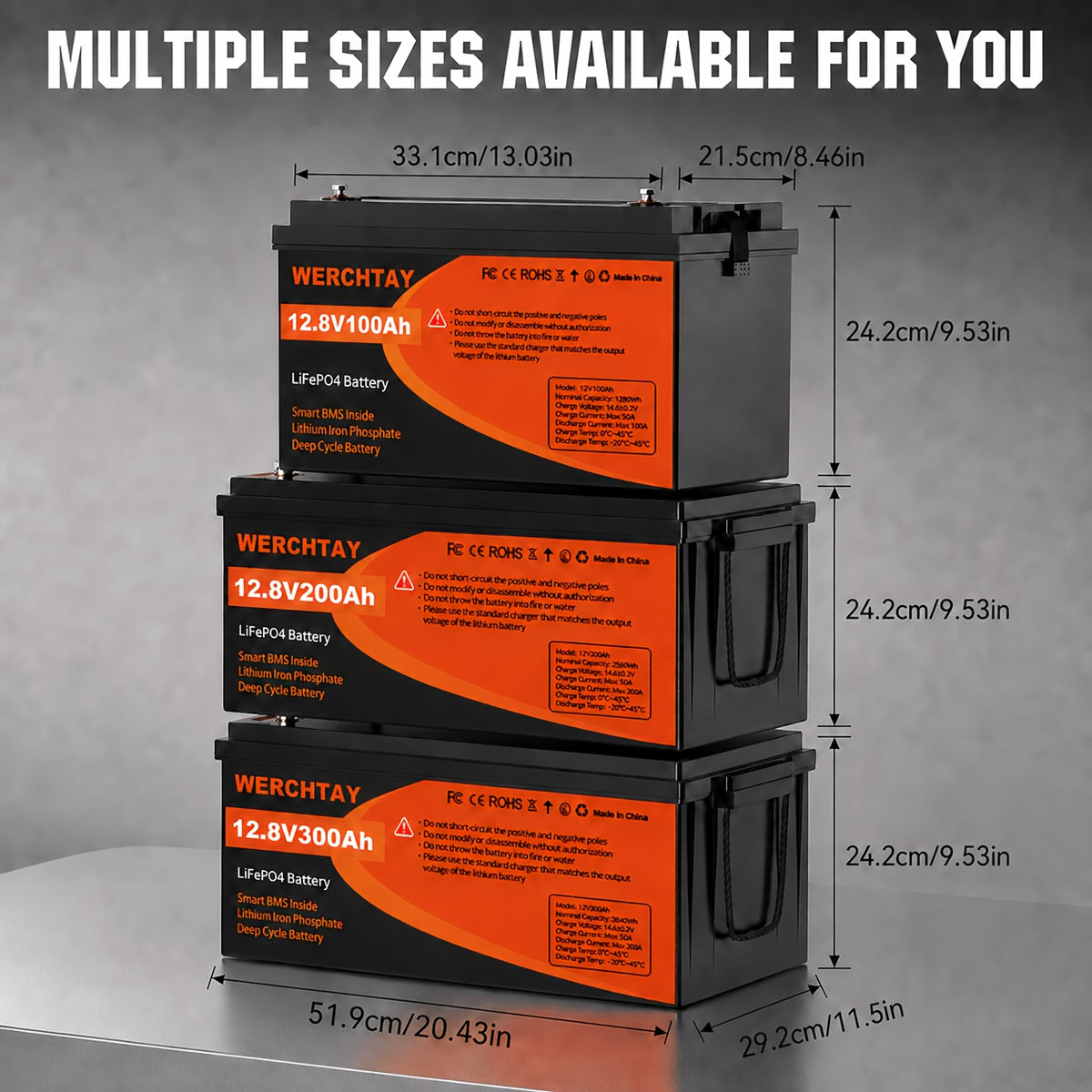 [Intelligent BMS Protection] WERCHTAY 12.8V LiFePO4 Battery 300/200/100Ah, Equipped with A+ Grade Battery Chips, 25000+ Deep Cycle Cycles, Intelligent BMS with Overcharge and Over-Discharge Protection, Suitable for Home Energy Storage, Outdoor RVs, and Of