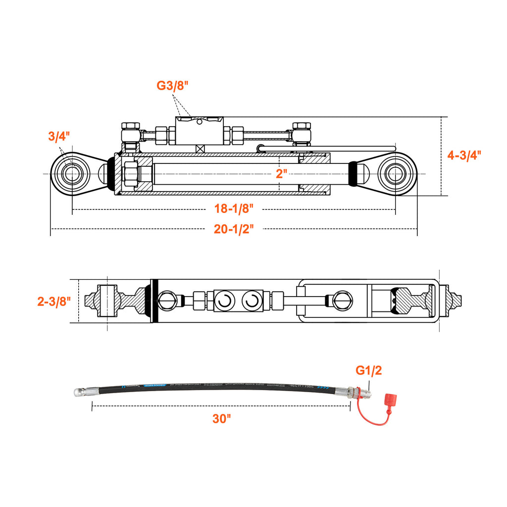VEVOR Hydraulic Top Link Cat.1-1 (8-1/4 in, 18-1/8~26-3/8 in ), Hydraulic Cylinder with 2 Hoses & G3/8" Check Valve