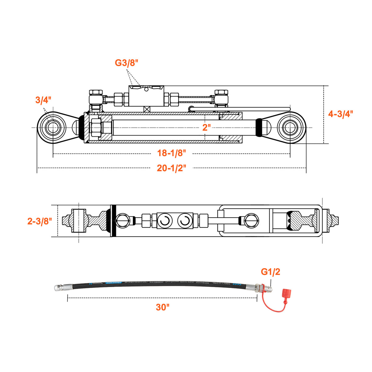VEVOR Hydraulic Top Link Cat.1-1 (8-1/4 in, 18-1/8~26-3/8 in ), Hydraulic Cylinder with 2 Hoses & G3/8" Check Valve
