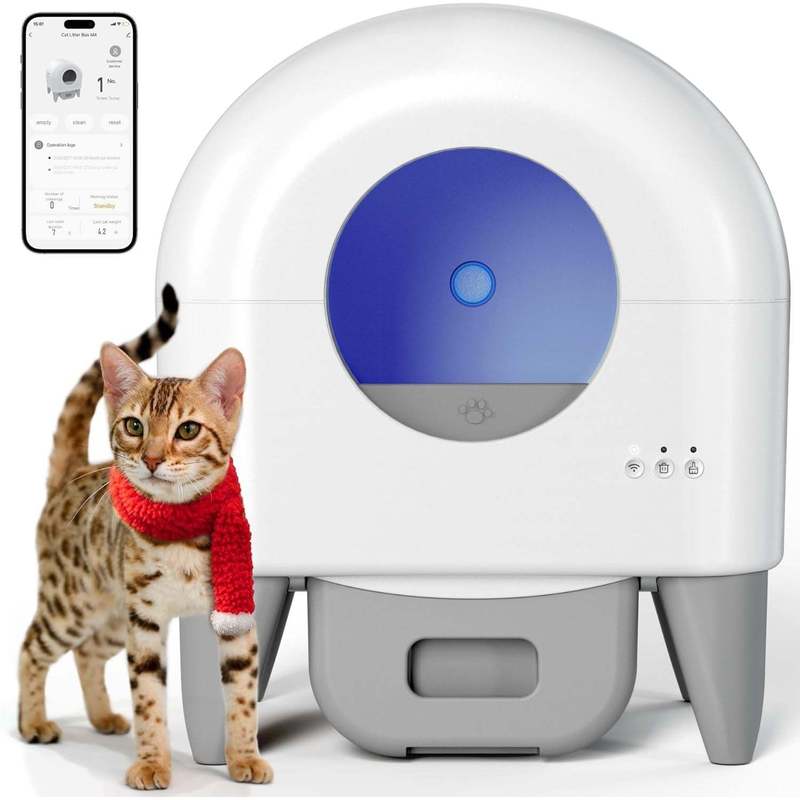 Self Cleaning Litter Box, Large Capacity Automatic Cat Litter Box Self Cleaning for Cats, App Control, Safety Protection, 2 Roll Garbage Bags, White & Grey