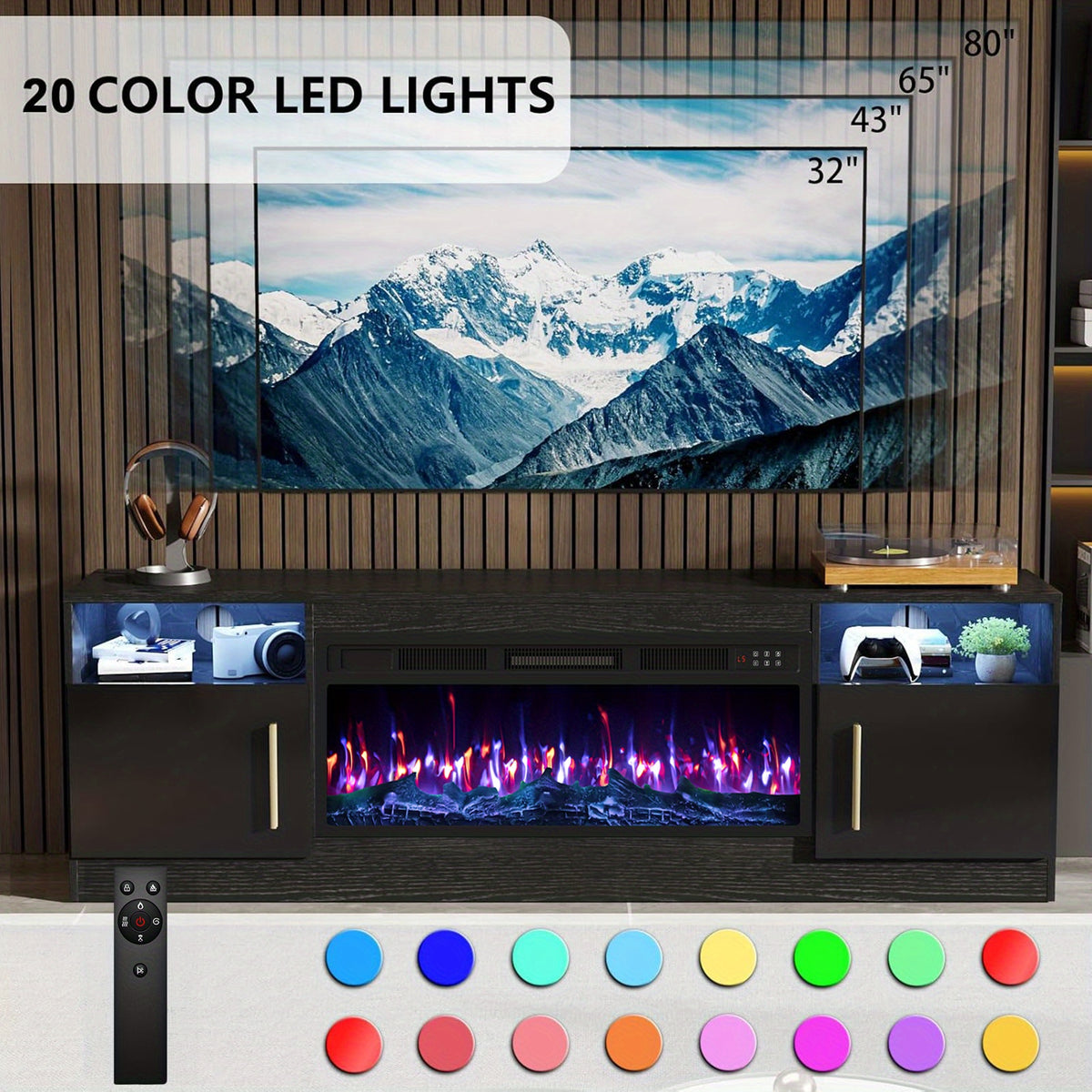 Fireplace TV Stand with 36" Fireplace Up to 80" TVs, 70" Modern Wood High Gloss with Highlight Storage Cabinet, LED Light Entertainment Center with Storage Cabinets for Living Room