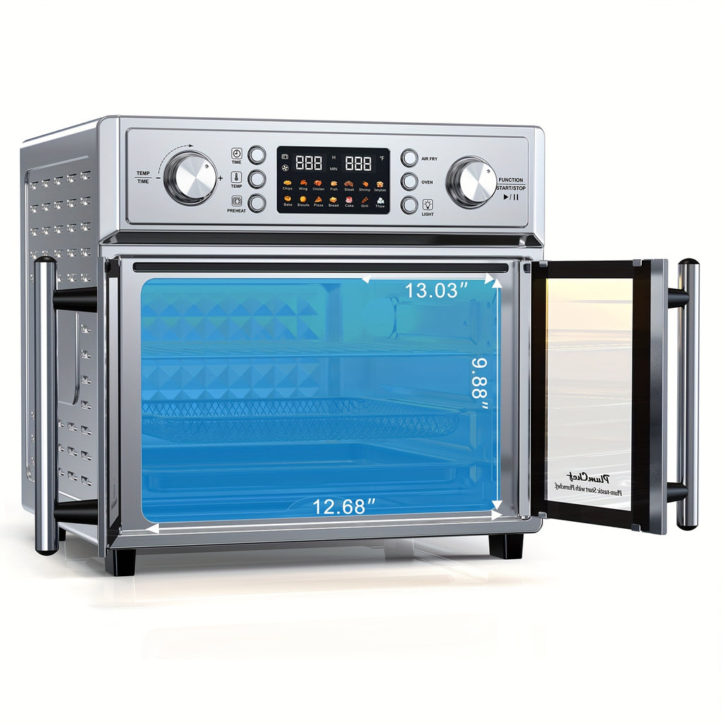 Plumchef 29.5QT Large Capacity French Double-Door Air Fryer Convection Toaster Oven - 1700W, 14 Preset Menus, 7-In-1 Multi-Function (Bake Roast Grill Toast Dehydrate Defrost), Stainless Steel, Silvery
