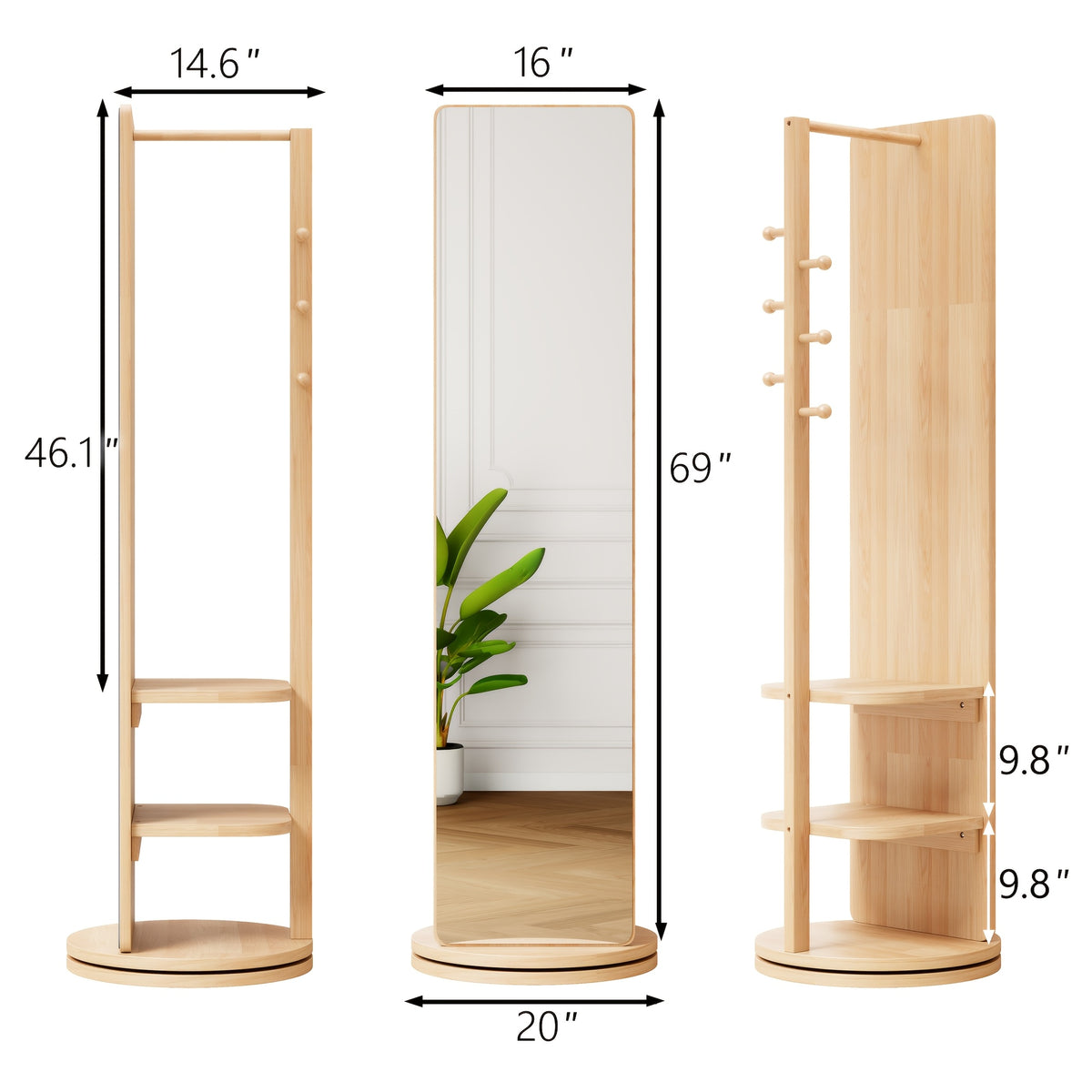 Full Length Floor Mirror with 360° Rotating Coat Rack and Shelves for Bedroom or Entryway Storage