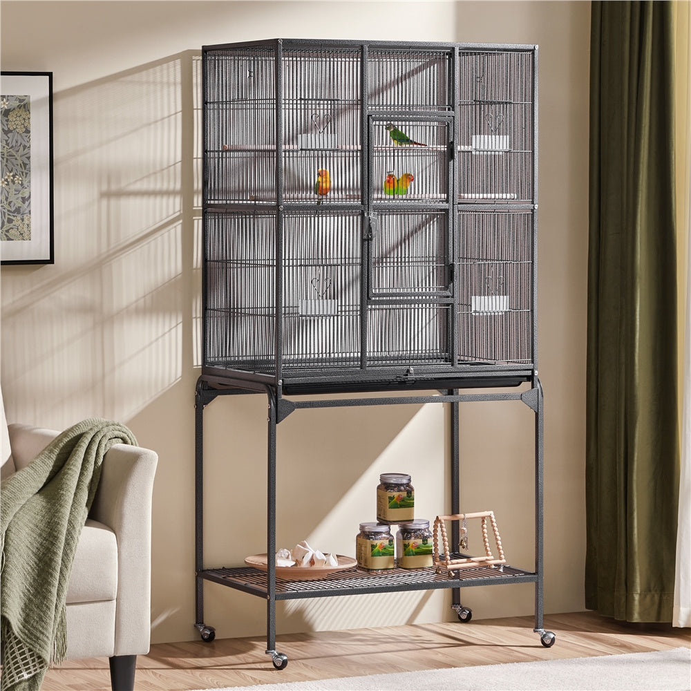 Costoffs 63"H Large Metal Cage Parrot Cage with Rolling Stand Detachable Pet Cage with Storage/Safe Bar Spacing/Slide-Out Tray/Starter Setup for Cockatiel Sun Parakeet Green Cheek Conure Lovebird, Black