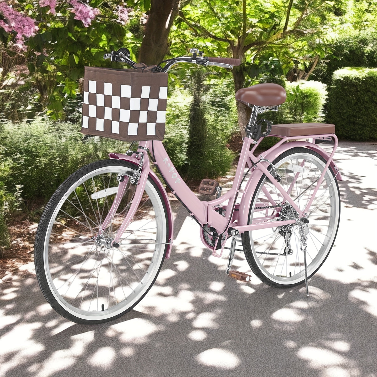26" Foldable Beach Bike with Basket for Women - Lightweight 7-Speed Urban Commuter Bicycle, Adjustable Waterproof Seat, Detachable Rear Soft Saddle, Aluminum Alloy Wheels, Multiple Colors (Blue, Pink, Green, White), Easy Storage Bike | Checkered Board Bas
