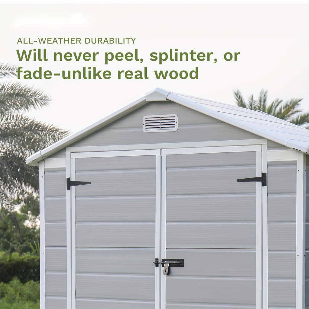 GUNJI 6X4 FT And 5X4 FT Plastic Outdoor Storage Shed with Floor, Resin Outside Tool Shed with a Window And Lockable Door for Garden, Backyard, Tool Storage Use, Easy to Install, Light Gray (Fit-It Shed)