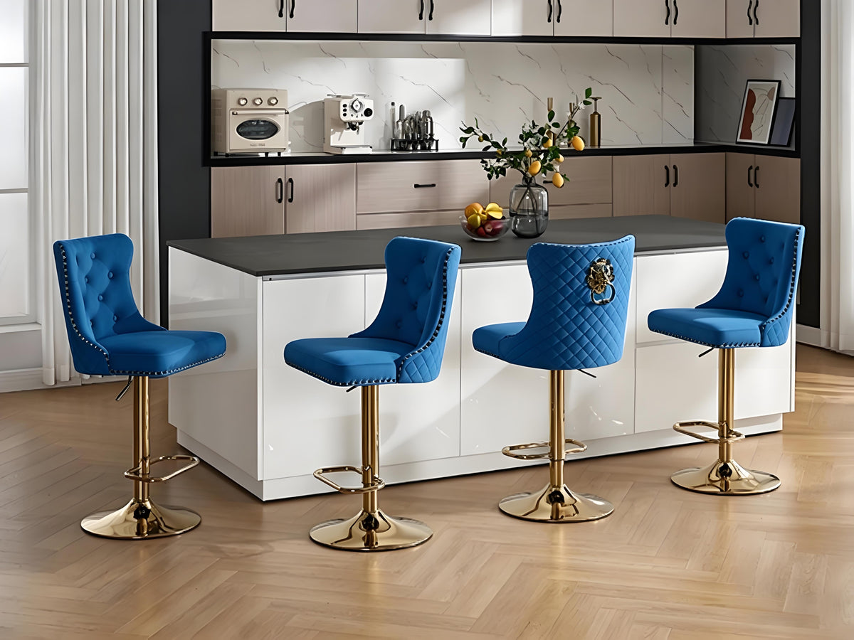 DMKAI Golden Lion Head Velvet Bar Stools Set Of 2, Luxury Diamond Tufted High Back, Adjustable Height 360° Swivel with Golden Base for Kitchen Island Home Bar