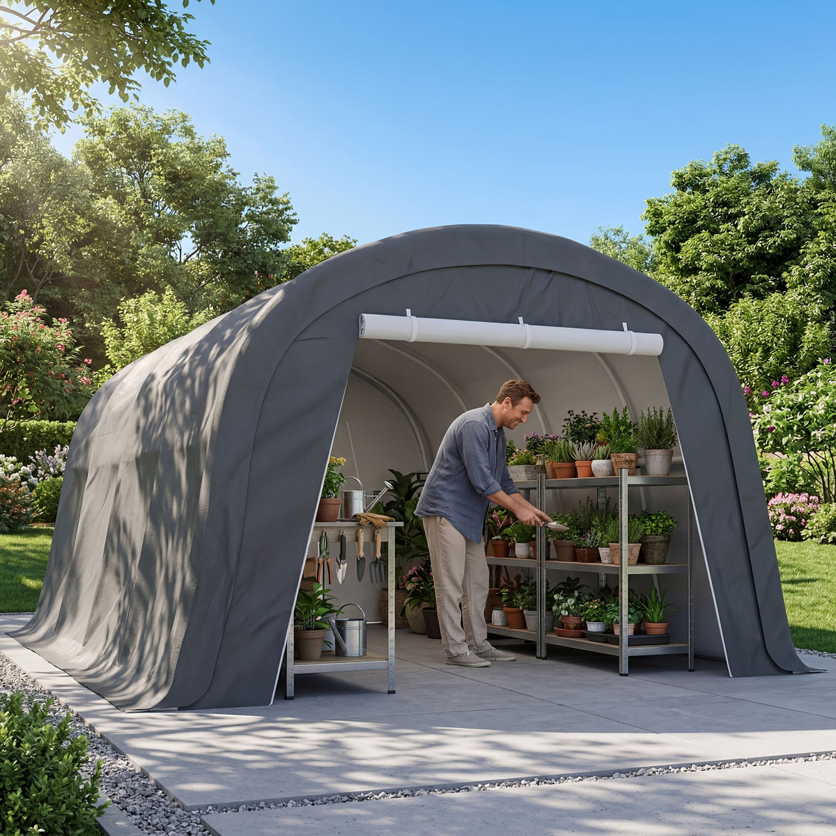 Outdoor Carport, Garage, Outdoor Storage, Courtyard Round Portable Garage, Outdoor 13 X 20ft Or 10 X 20ft Heavy Duty Carport, Tensioner And 2 Roll Up Doors Waterproof PE Fabric Car Port, Garage, Storage Shed, Tent for Storage, SUV, Brown/Grey