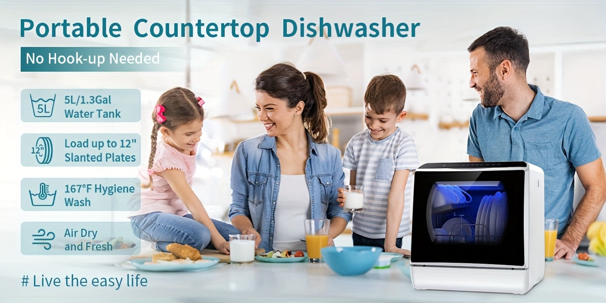 Portable Countertop Dishwasher, 5+1 Program Compact Mini Dishwasher With 5-Liter Built-in Water Tank And Air Dry Function, Dual Water Supply Mode, Ideal For Apartments And RVs