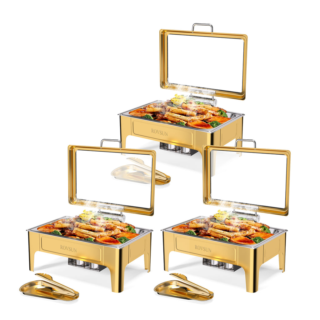 9QT square 304 stainless steel hot pot, hydraulic glass cover and food pot - golden buffet heater, suitable for catering, parties, events and home use only for cooking (1 pack))