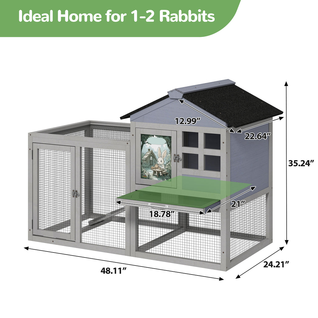 2-Tier Wood Rabbit Hutch, Indoor Outdoor Small Animal House with Removable Tray, Ramp, Openable Roof, Bunny Cage, Grey/Orange with Colorful Patterns