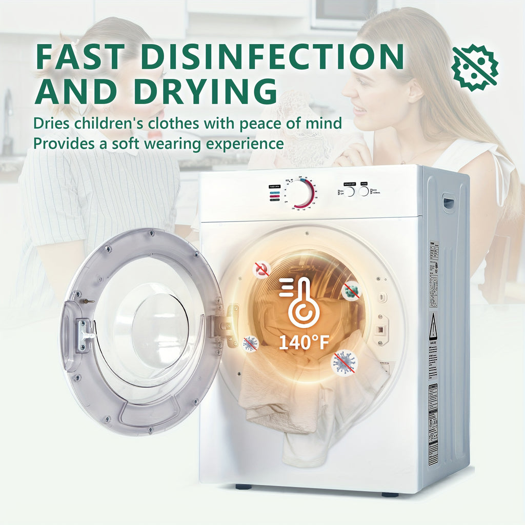 850W Compact Portable Clothes Dryer, 110V, 1.5/1.6/1.85/2.65Cu.ft Front Load with Stainless Steel Tub, Electric Laundry Drying Machine, Easy to Control, Perfect for Apartments, RVs, Dorms, In White.