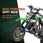 Mini off-road bike, 41CC four stroke gasoline bike (model: DB001), equipped with off-road tires, suspension, disc brakes, maximum load of 160Lbs, top speed of 18Mph, gloves and face cloth included