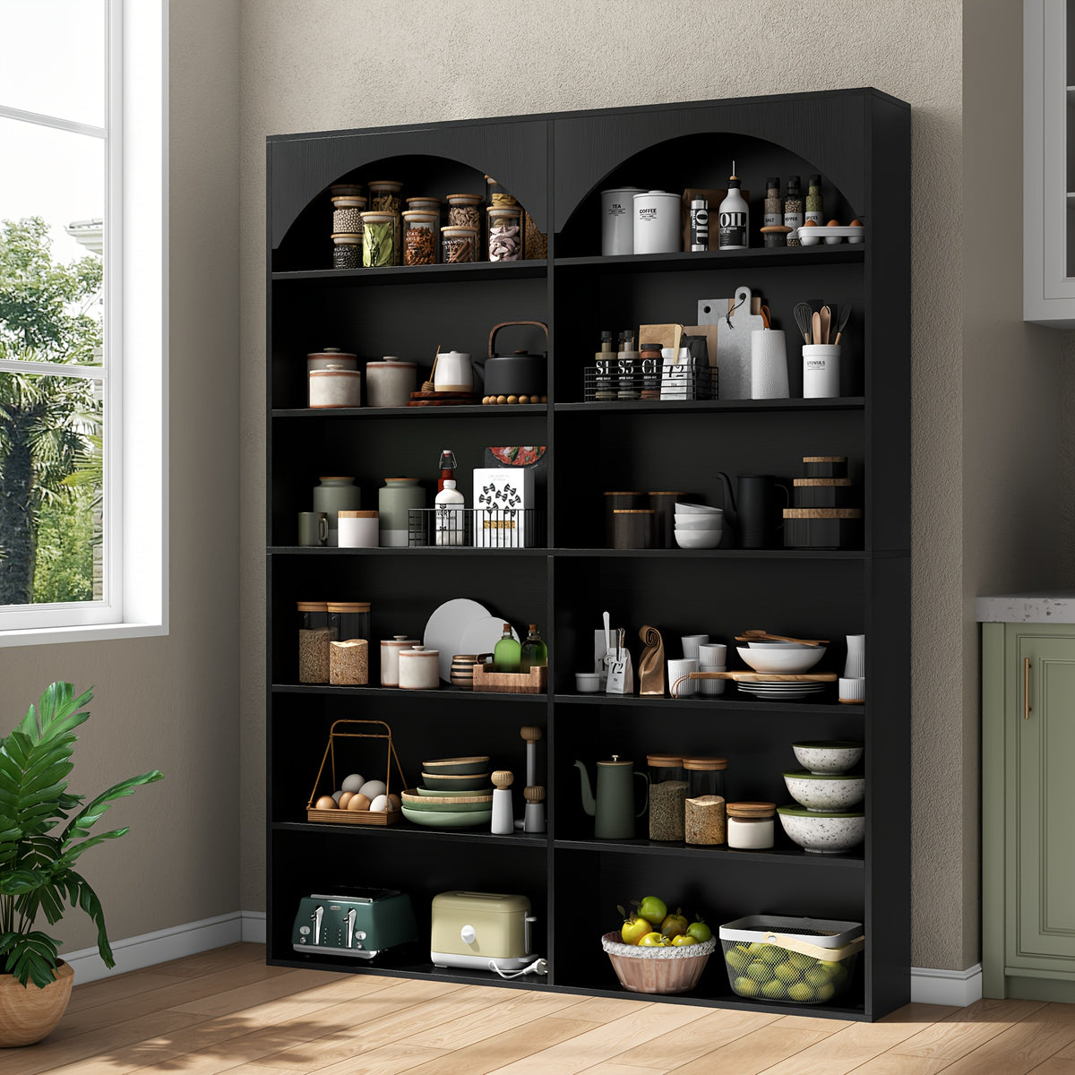 7-Tier Vertical Shelf with Curved Baffle, Tall And Double Wide Bookcase Modern Open Display Shelves Bookshelf for Home Office Living Room, Black, Standing Shelf