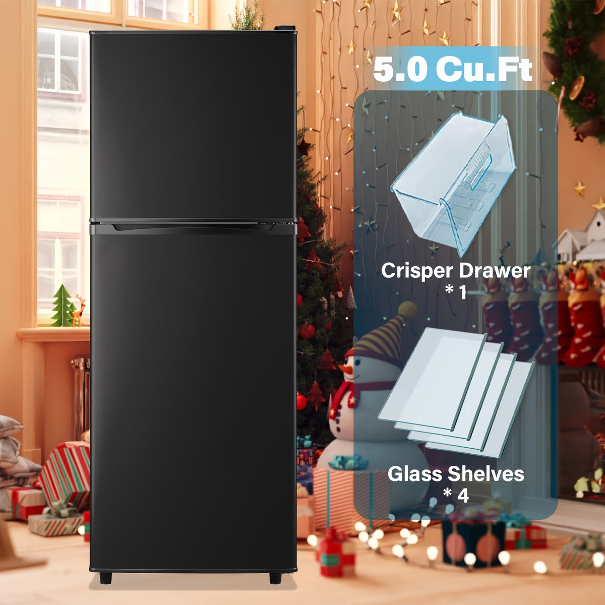 [Compact Refrigerator] 5.0/4.5/2.4 Cu.Ft. Compact Refrigerator with Freezer Suitable for Office, Kitchen, Dorm & Bedroom, Mini Fridge with 2 Doors, 7-Tier Thermostat, Direct-Cool Cooling System, ABS Cabinet & Compressor Cooling, Low Voltage ( Plug)