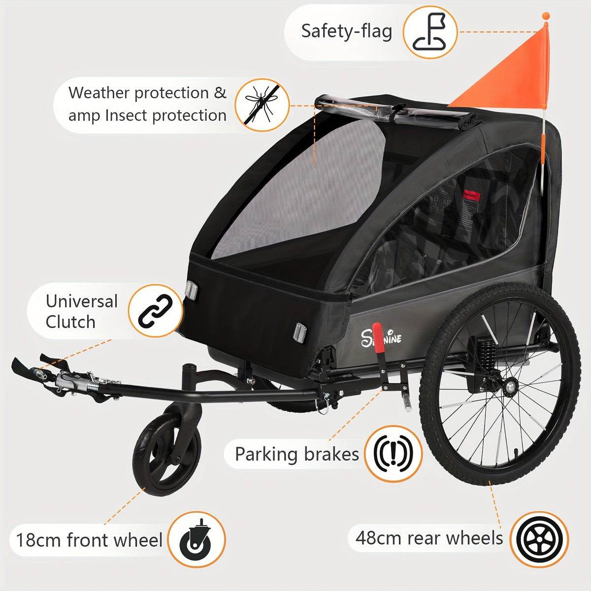 2in 1 Kids Bike Trailer And Stroller with Suspension Bike Trailer for 1 to 2 Children, Jogging Function, Foldable, 5-Point Harness, Spacious Storage, with Bug Screen And Weather Shield