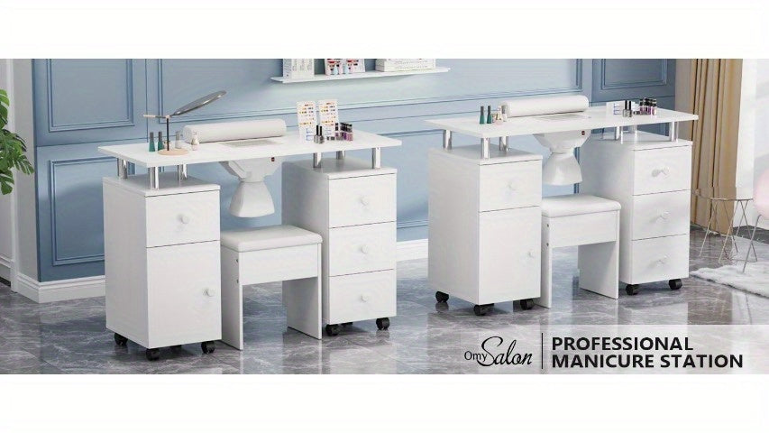 Professional Nail Desk and Chair Set with Stool - Heavy-Duty Mobile Manicure Station w/Dust Collector, Acetone-Resistant Desktop, 4-Wheel Rolling Cart & Storage Drawers - Heavy-Duty Nail Tech Table for Salon, Home, or Spa - (White/Black/Lavender/Mint Gree