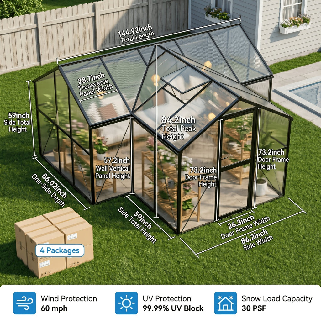 [Polycarbonate Greenhouse] 10X12 FT Greenhouse, Greenhouses For Outside, Polycarbonate Greenhouse With Aluminum Frame, Lockable Door And Ajustable Roof Vent For Backyard, Green Houses For Outside Garden Backyard, Patio, Garden Houses