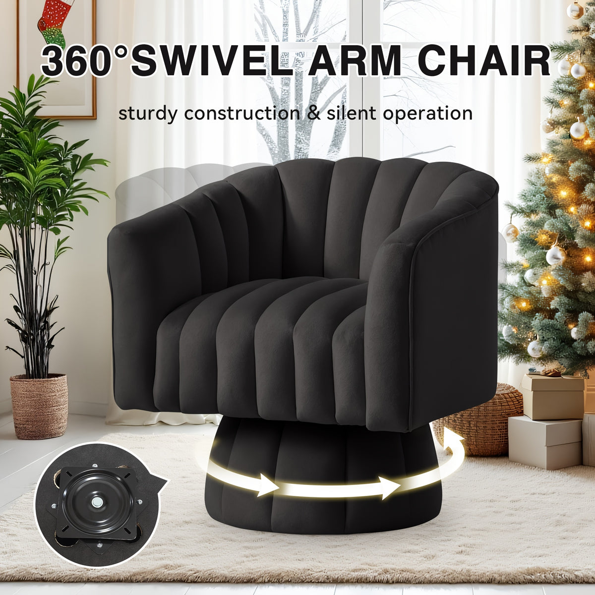 Rotating Decorative Chair, 360° Swivel Barrel Chair, Mid-century Modern Chair, Wide Soft Cushion, Modern Velvet Fabric, Round Armchair, Suitable For Living Room, Lounge, Bedroom, Black, Free Shipping