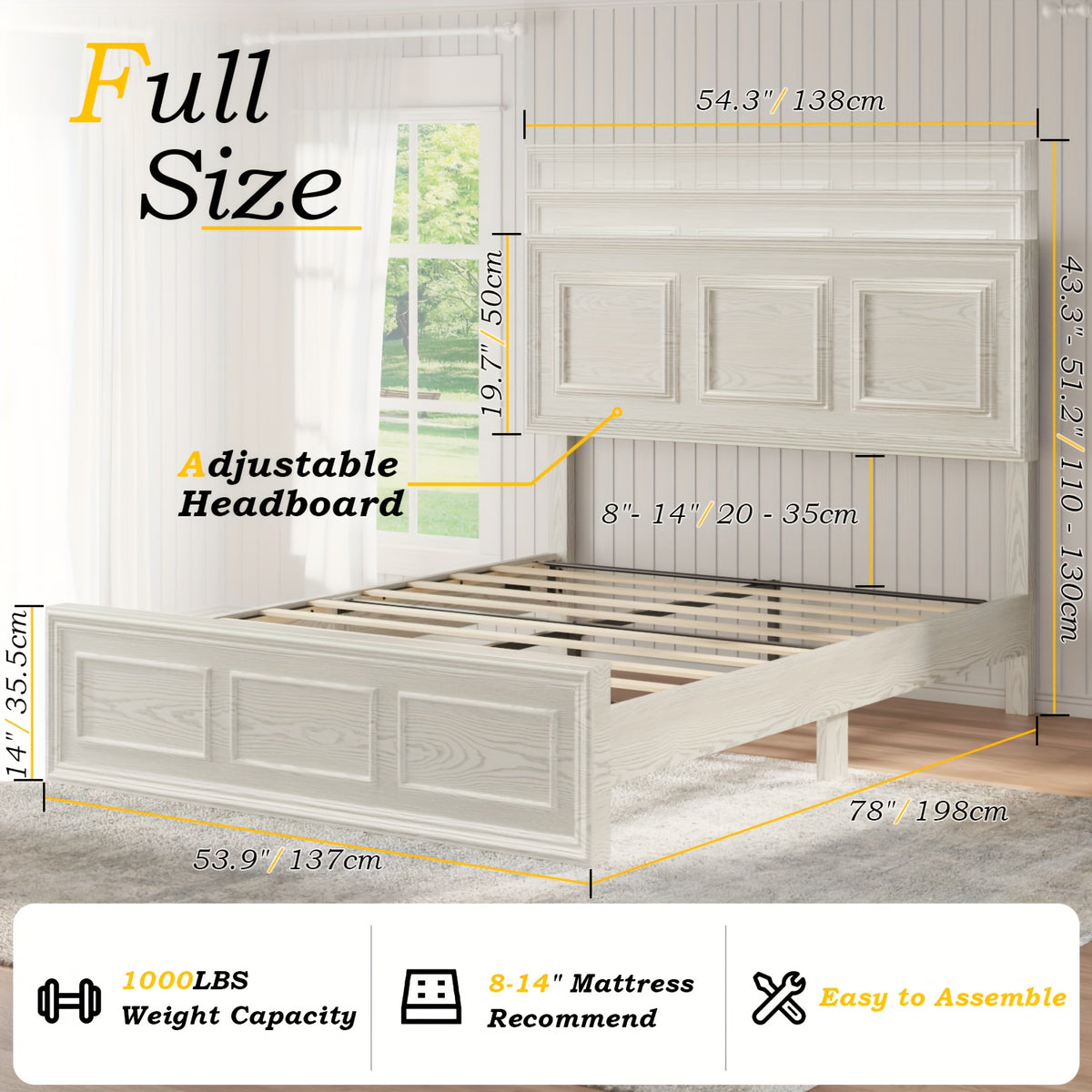 Platform Bed Frame with Headboard, Farmhouse Style, Height Adjustable, Brown and White