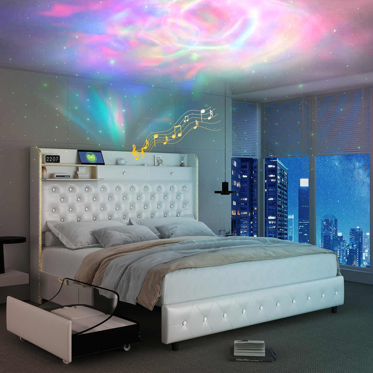 Queen LED Bed Frame with Galaxy Aurora Star Projector And Charging Station, Full Size Platform Bed with 2 Removable Storage Drawers, King Bed with 52" Crystal Button Tufted Upholstered Headboard, Noise Free, No Box Spring Needed, PU Leather